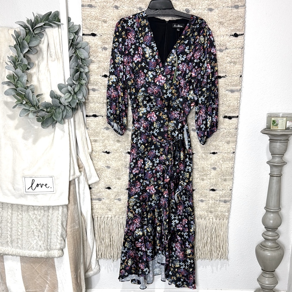 NWT Sam Edelman black multi colored floral wrap maxi dress size 14